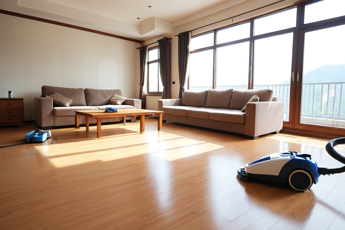 창원 마산합포구 구산면 주택가의 넓은 거실에서 청소기와 청소 도구가 정리된 모습. 창문을 통해 들어오는 자연광이 실내를 밝히고, 깨끗한 바닥과 청소를 마친 가구가 조화를 이룹니다.