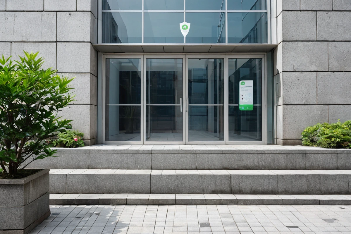 창원 마산회원구의 상업용 건물 현관 앞에서 청소 서비스 예약을 위한 온라인 플랫폼 화면이 스마트폰에 표시된 모습, 청소 전문가가 추천하는 인증서가 화면 상단에 표시된 촬영 각도로,