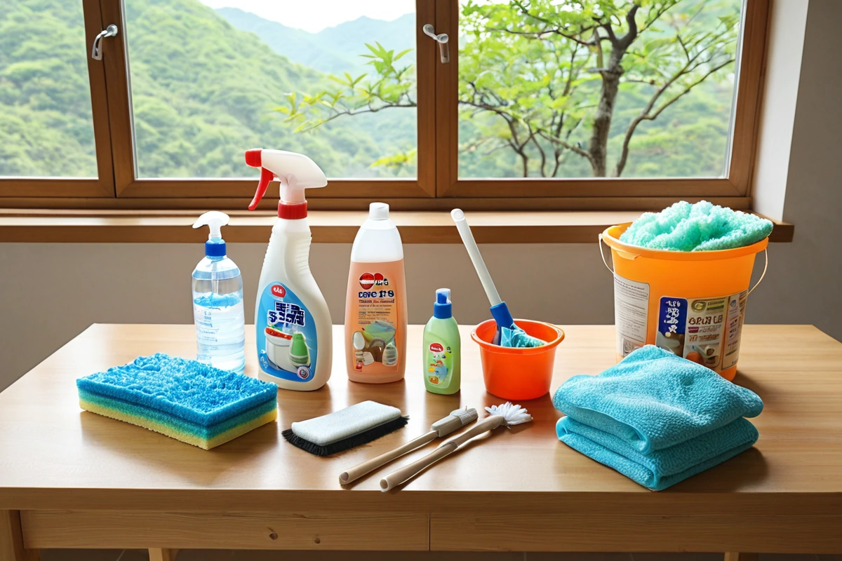 창원 마산회원구의 주택 내부에서 청소 도구와 청소제가 정리된 테이블. 장기 사용을 고려한 내구성 있는 청소 도구와 다양한 청소제가 자연스럽게 배치되어 있습니다.