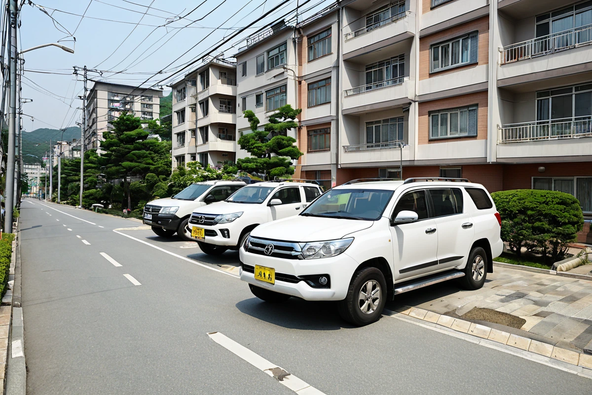 창원 성산구의 아파트 단지 외관과 주변 도로를 배경으로 한 경제적인 청소 서비스 가격표가 표시된 현수막이 달린 청소 전문업체 차량이 주차되어 있는 모습. 청소 장비가 정리된 차량의